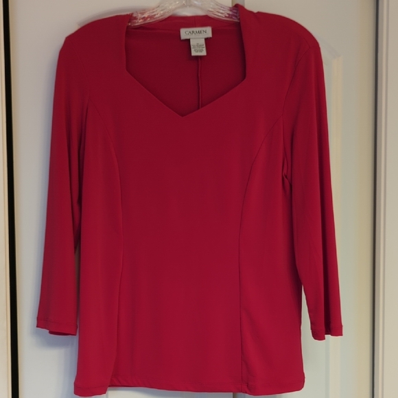 Carmen Marc Valvo Red Fitted Blouse with Three-Quarter Sleeves - Picture 1 of 3